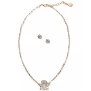 Charter Club Gold-Tone Pavé Paw Pendant Necklace & Stud Earrings Set New